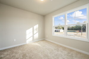 Empty room with beige carpet, light-colored walls, and a large window letting in natural sunlight.