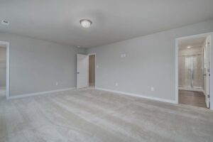 A spacious, empty room with light gray walls and carpet, two open doorways, one leading to a closet and the other to a bathroom with a glass shower. Ceiling light fixture in center.