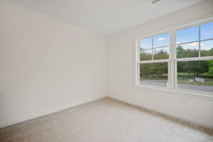 An empty room with beige carpet, white walls, and a large window showing a view of a green yard and trees outside.