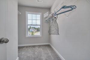 An empty walk-in closet with white wire shelving, a window overlooking a suburban neighborhood, and a dress-shaped wire sculpture and blue hangers on the rack. The floor is carpeted in grey.
