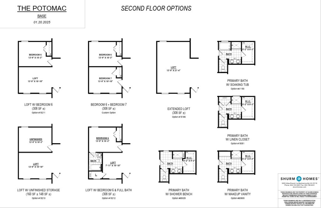 Floor plan of The Potomac second floor options with various bedroom and bathroom layouts.