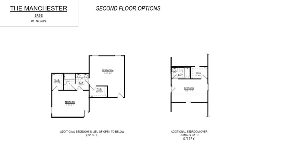 Floor plan showing second-floor options for The Manchester, with two bedroom layouts and additional area details.