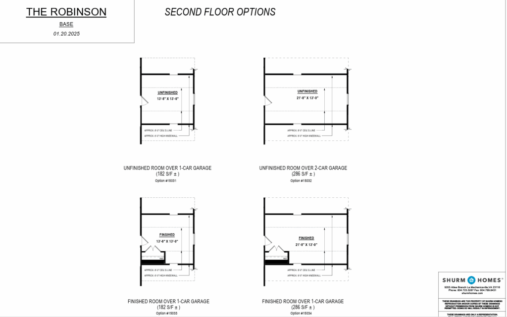 Second floor layout options for Robinson, with unfinished and finished room configurations shown.