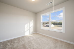 Empty, sunlit room with beige carpet, light walls, and a large window showing a clear view outside.