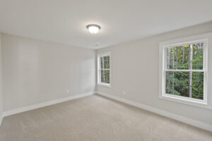 A brightly lit, empty room with neutral-colored walls, beige carpet, and two windows showcasing a view of trees. A ceiling light fixture is turned on.