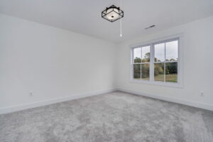 A vacant room with white walls, gray carpet, a rectangular window with a view of greenery, and a black ceiling light fixture.