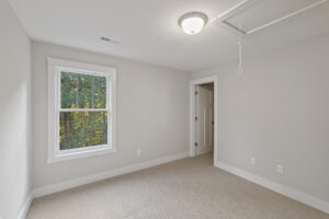 A simple, empty room with beige carpet, a window with a view of trees, a closed door, and a ceiling light fixture with a pull string for attic access.