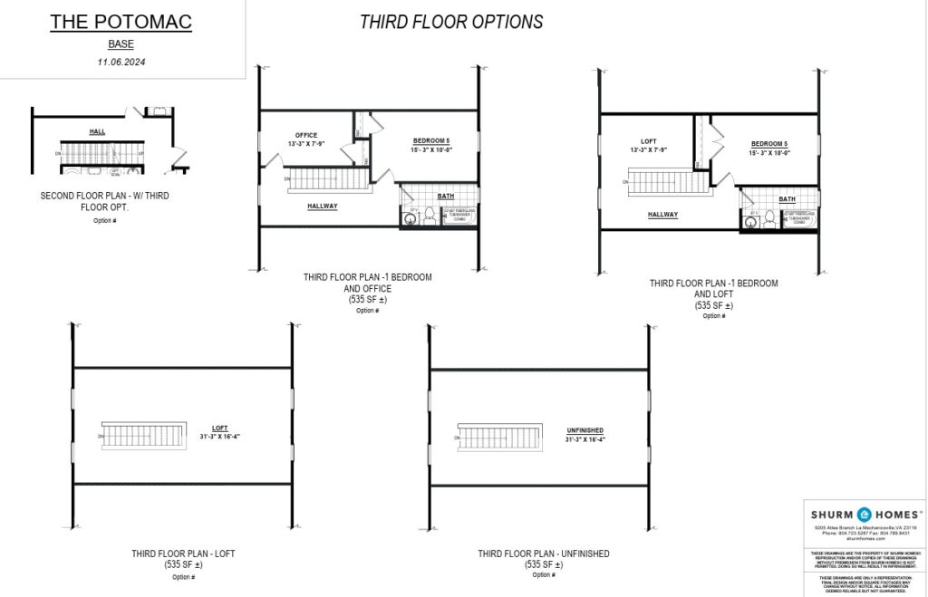 Blueprint with various third-floor layout options for The Potomac residential design.