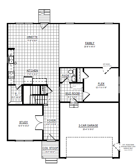 Black and white floor plan showing kitchen, dinette, family room, study, flex room, garage, and mud room.