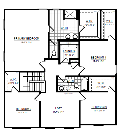 Floor plan with four bedrooms, three baths, a loft, laundry room, and walk-in closets in each bedroom.