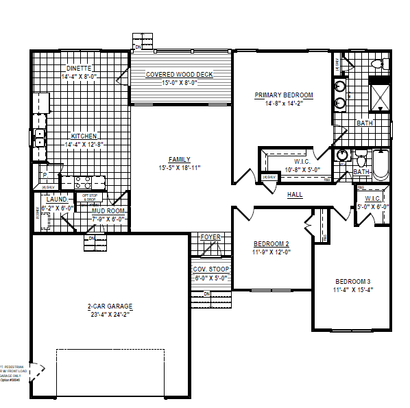 Black and white floor plan of a Belvedere-inspired single-story house with three bedrooms and a two-car garage.