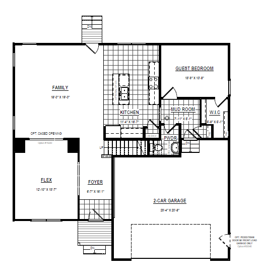 Black and white floor plan showing family room, kitchen, guest bedroom, flex room, garage, and other labeled areas.