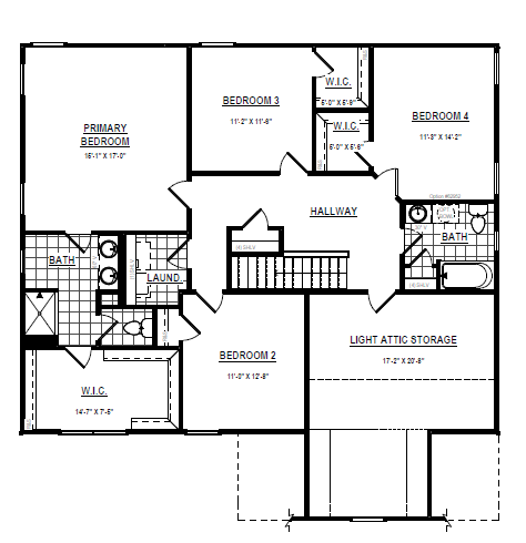 Black and white floor plan with four bedrooms, three baths, hallway, and attic storage.