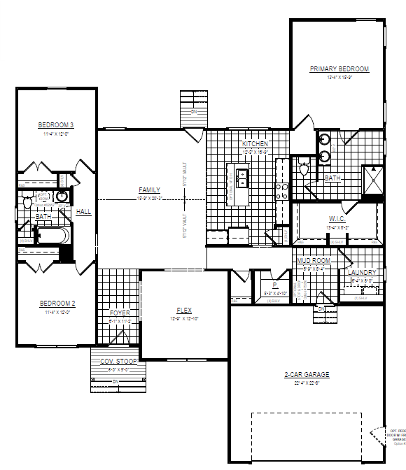 Black and white floor plan with three bedrooms, two baths, kitchen, family room, and a two-car garage.