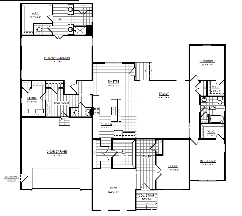 Black and white floor plan of The Highland features 3 bedrooms, 3 baths, kitchen, family room, garage, and office spaces.