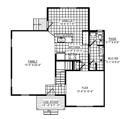 Black-and-white floor plan showing family room, kitchen, dinette, flex room, mud room, powder room, and stoop.