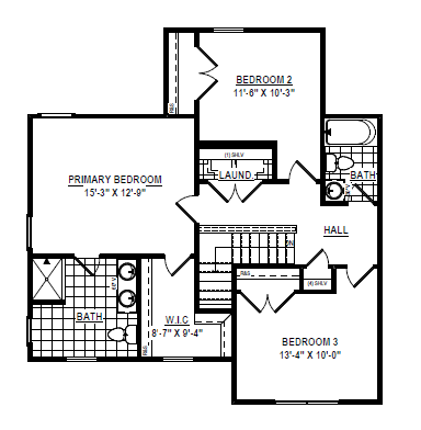 Second-floor plan with three bedrooms, two bathrooms, laundry room, walk-in closet, and a hallway.