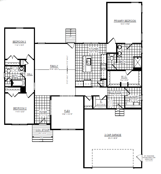 Black and white floor plan of a single-story house with three bedrooms, two baths, and a two-car garage.