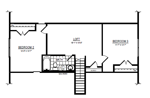 Maplewood floor plan with two bedrooms, a loft, one bathroom, laundry, and central stairway access.