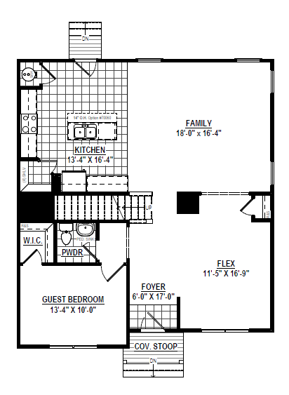 First floor house plan with kitchen, family room, flex room, guest bedroom, foyer, and powder room.