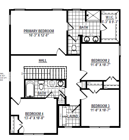 Floor plan showing three bedrooms, two bathrooms, a laundry area, and a walk-in closet connected to the primary bedroom.