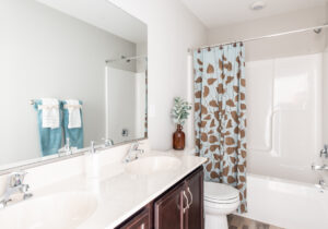 Modern bathroom with double sink vanity, mirrors, a bathtub with a patterned shower curtain, towels, and a decorative plant.
