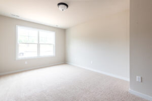 A vacant room with beige carpet, white walls, and a window with sunlight coming in. A ceiling light fixture is centered on the ceiling.