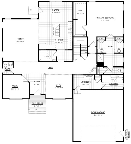 Floor plan showing a 2-car garage, primary bedroom, kitchen, family room, study, laundry, and more.