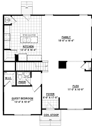 Black and white floor plan showing kitchen, family room, flex room, guest bedroom, and foyer.