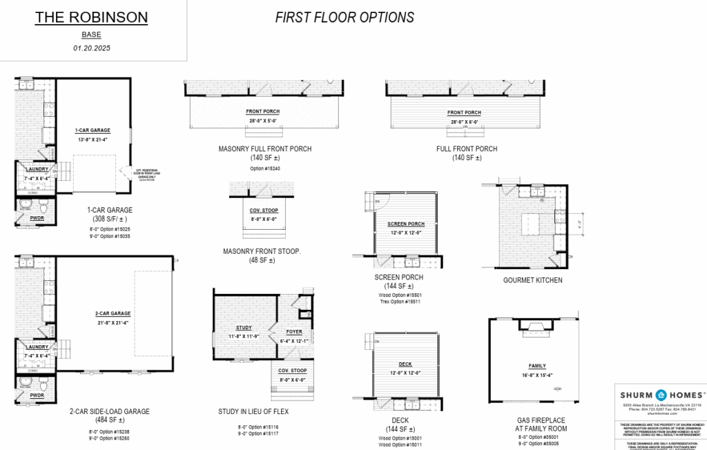 First floor plan options for the Robinson, featuring versatile porch, garage, and kitchen layouts.
