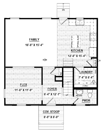 Robinson first floor plan with labeled rooms: family, kitchen, flex, foyer, laundry, powder room, and covered stoop.