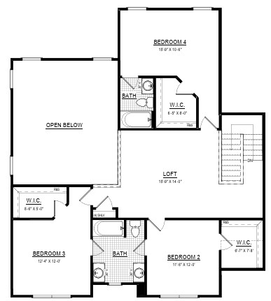 Upper floor plan with three bedrooms, two bathrooms, a loft, and walk-in closets.