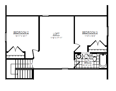 Floor plan with two bedrooms, a loft area, a bathroom, and stairs. Labels and measurements are visible.