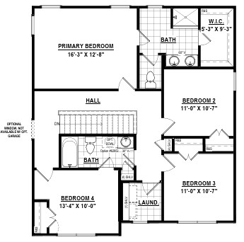 Floor plan showing three bedrooms, two bathrooms, a laundry room, and a hall.