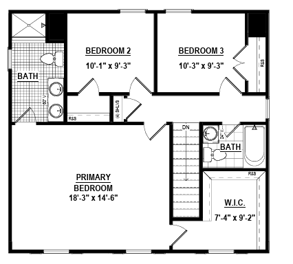 Robinson black and white floor plan with three bedrooms, two bathrooms, and a walk-in closet.