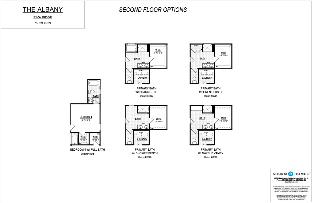 Blueprint of "The Albany" second floor options, displaying five different layout plans for bedrooms and bathrooms, including variations with soaking tubs, walk-in closets, full baths, and showers.