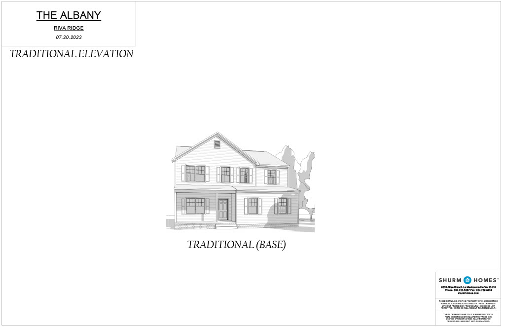 A grayscale architectural drawing labeled "The Albany" depicting the front exterior elevation of a traditional two-story house with a pitched roof.
