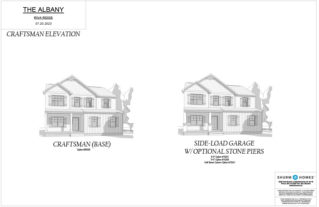 Architectural design of "The Albany" showing two versions: a base Craftsman model and a side-load garage with optional stone piers. Both labeled with the company logo "Shurm Homes".
