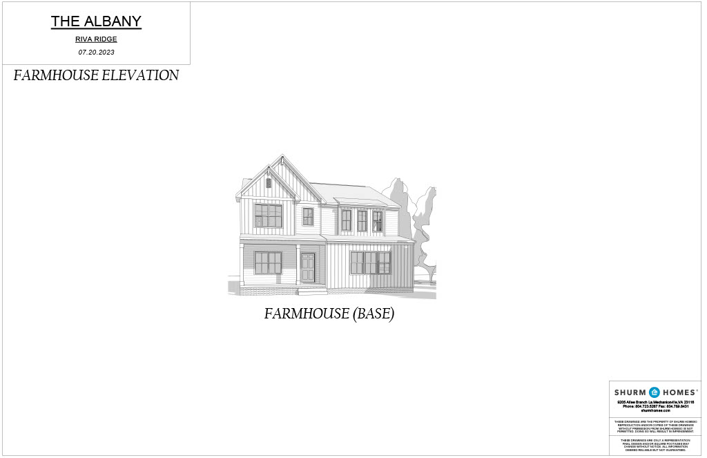 Architectural drawing labeled "FARMHOUSE ELEVATION" showing a two-story home with the title "THE ALBANY" and "FARMHOUSE (BASE)" at the bottom. Shurm Homes logo in the bottom right corner.