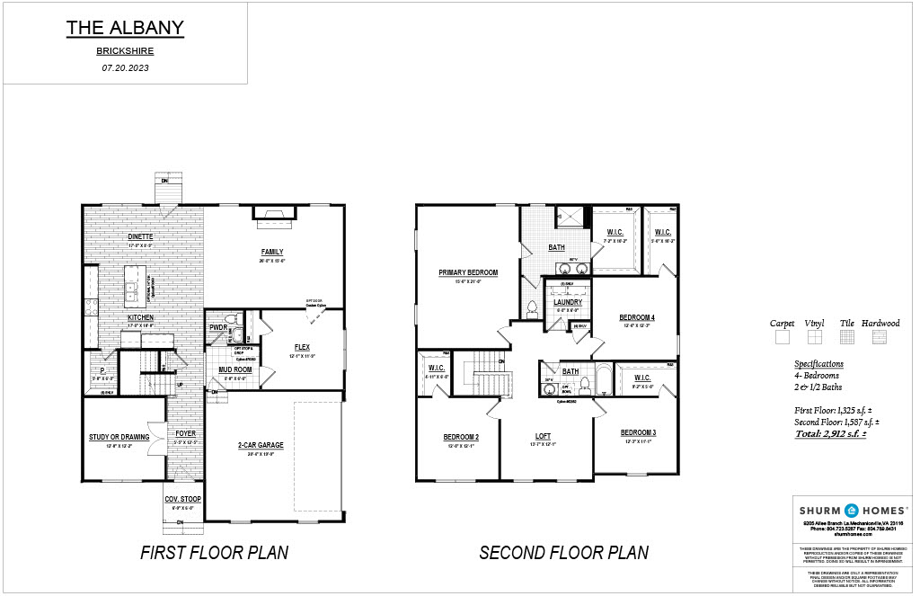 A two-floor house plan labeled "The Albany." The first floor includes a family room, kitchen, dining room, study, and garage. The second floor has a primary bedroom with bath, three additional bedrooms, and bathrooms.