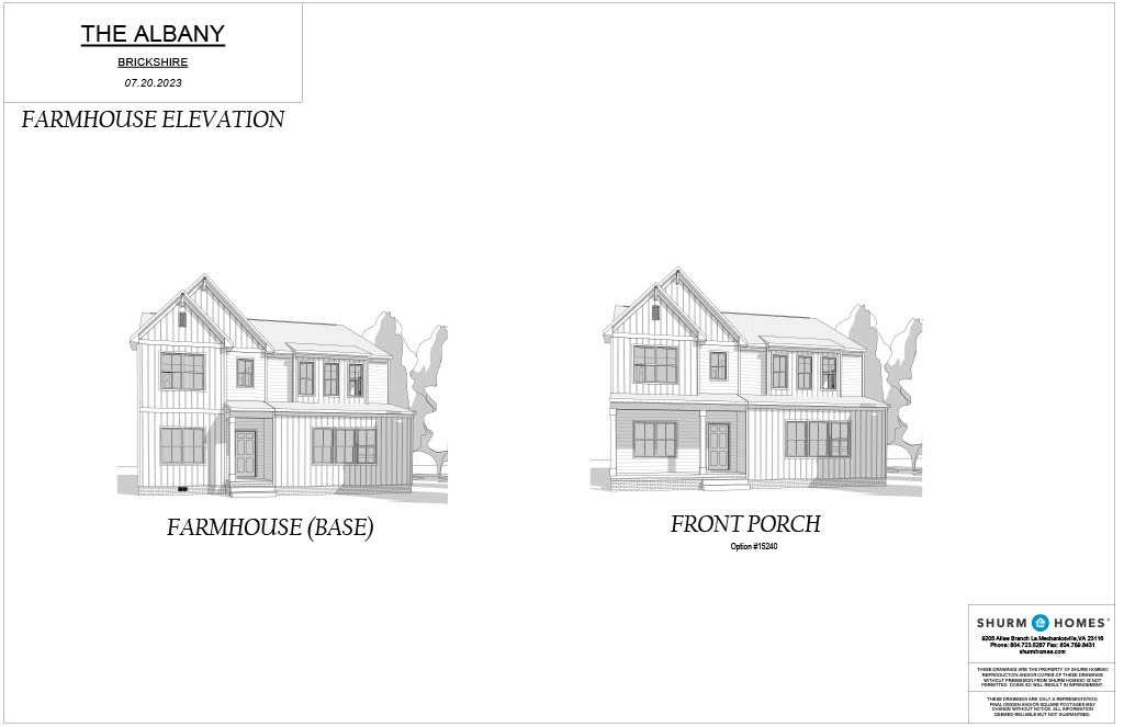Architectural drawing of "The Albany" Berkshire farmhouse elevation. Includes two views: Farmhouse (Base) and Front Porch Option #51848. Shurm Homes logo and home details are in the corners.