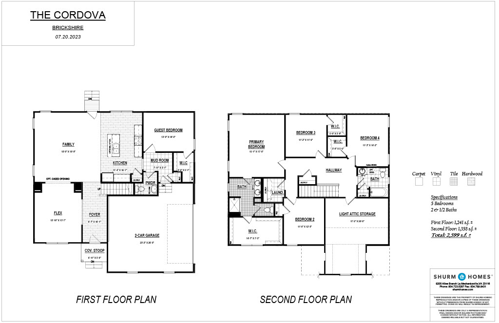 Architectural floor plan of a two-story house named "The Cordova" by Shurm Homes. The first floor includes a garage and living areas, while the second floor contains four bedrooms and additional living spaces.