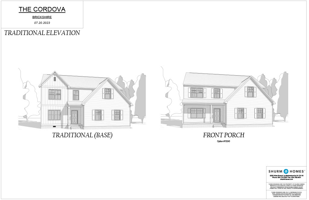Architectural design titled "THE CORDOVA" with two drawings: "Traditional (Base)" and "Front Porch (Option FE640)" elevation views, dated 07.20.2023, by Shurm Homes.