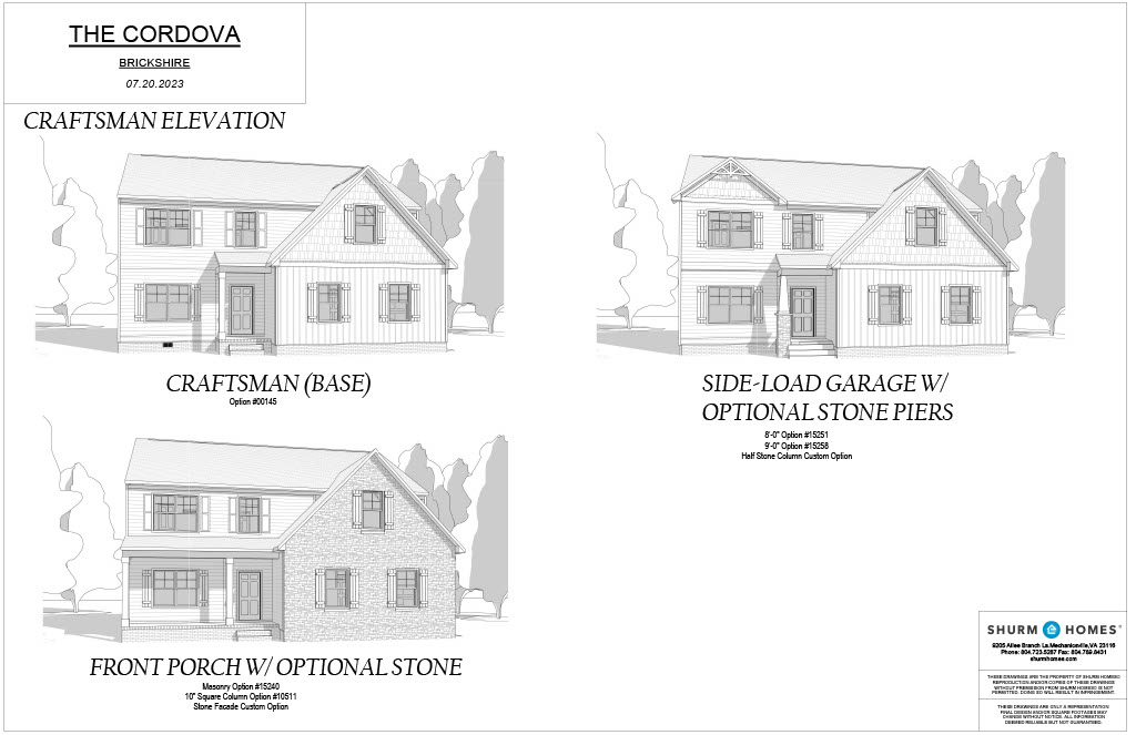 Architectural drawings of the Cordova model at Brickshire, showcasing three house designs: craftsman elevation, side-load garage with optional stone piers, and front porch with optional stone.