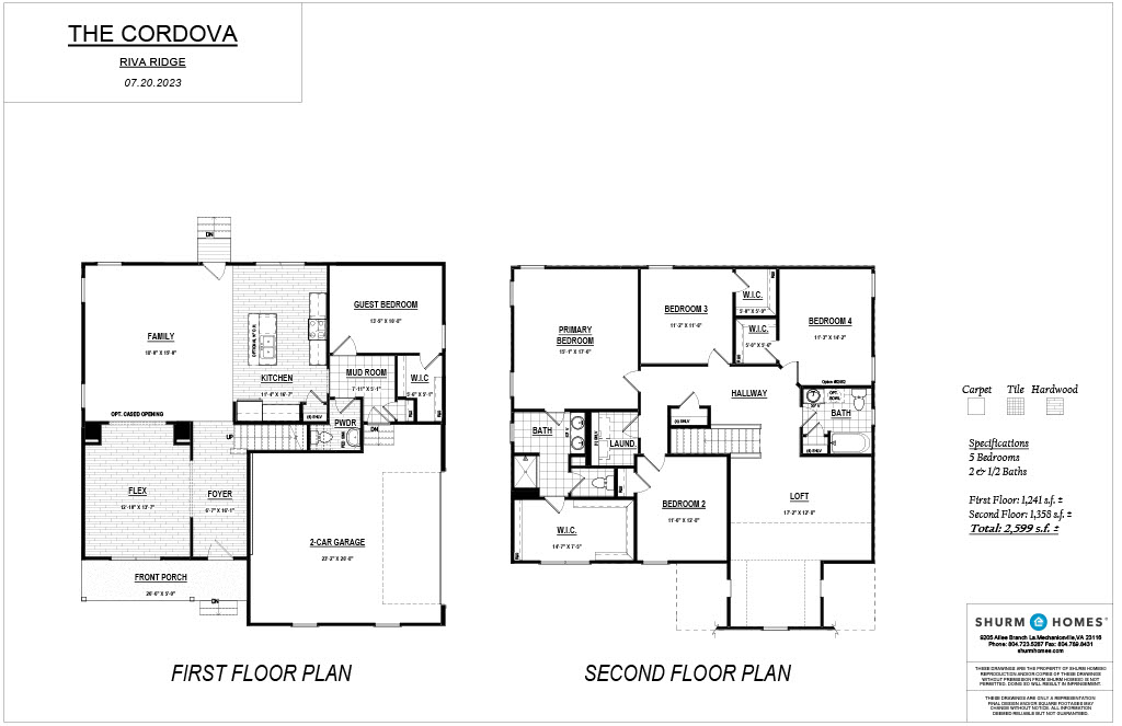 A two-floor architectural floor plan labeled "The Cordova," showing detailed layouts of the first and second floors, including bedrooms, bathrooms, kitchen, living areas, and garage.