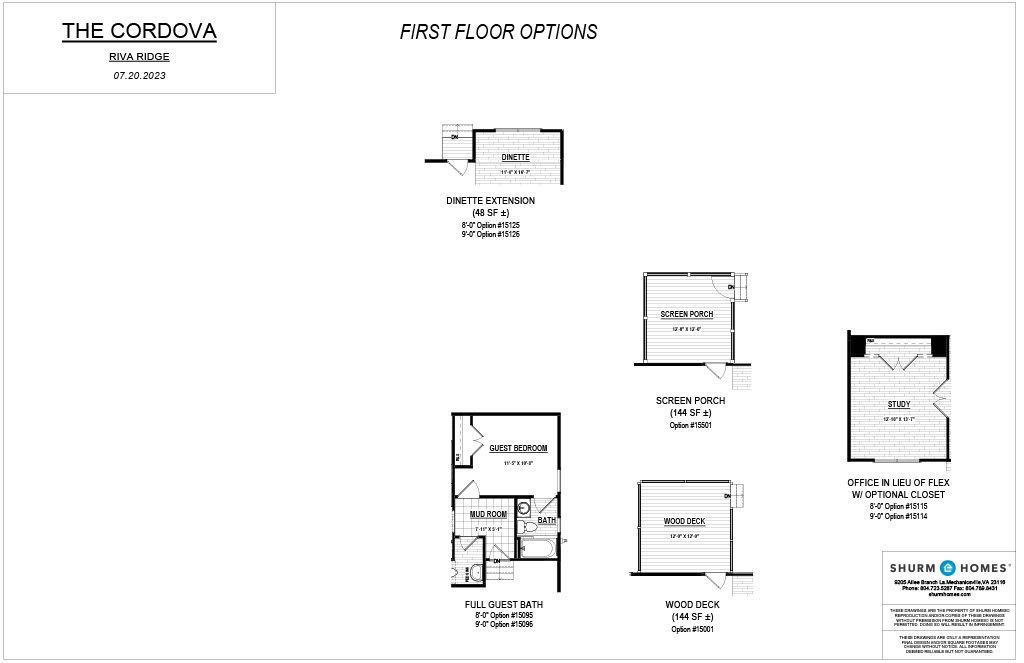 Diagram showing the first floor options for "The Cordova" model, including layouts for dinette extension, guest bedroom, guest bath, screen porch, wood deck, and office in lieu of flex room.