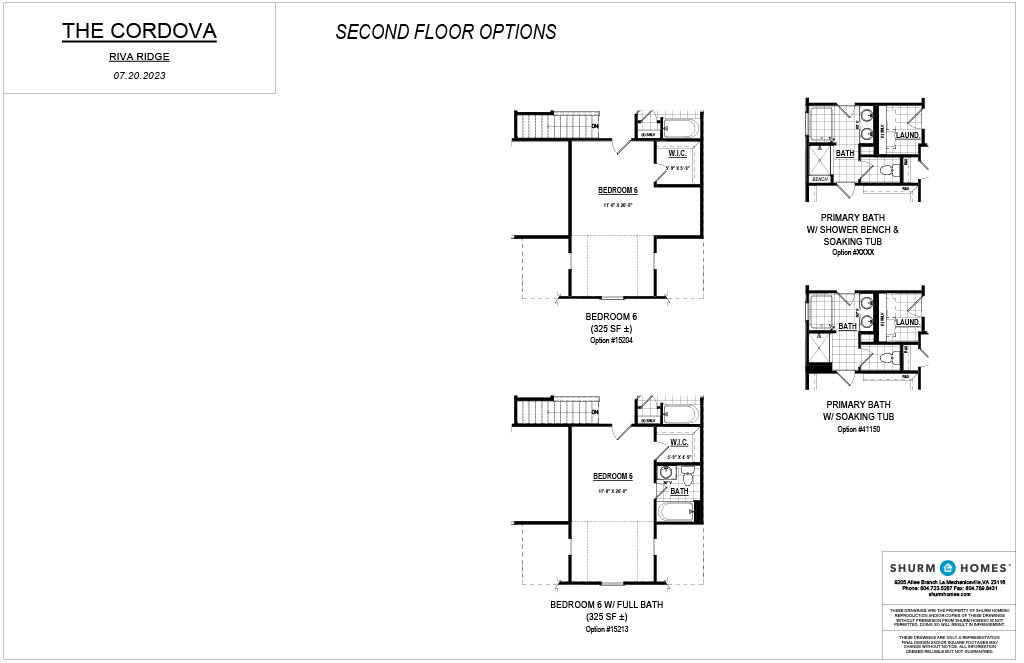 Floor plan for the second floor of The Cordova at Riva Ridge by Shurm Homes, featuring options for bedrooms 4-5 and two variations of a primary bathroom with a soaking tub.