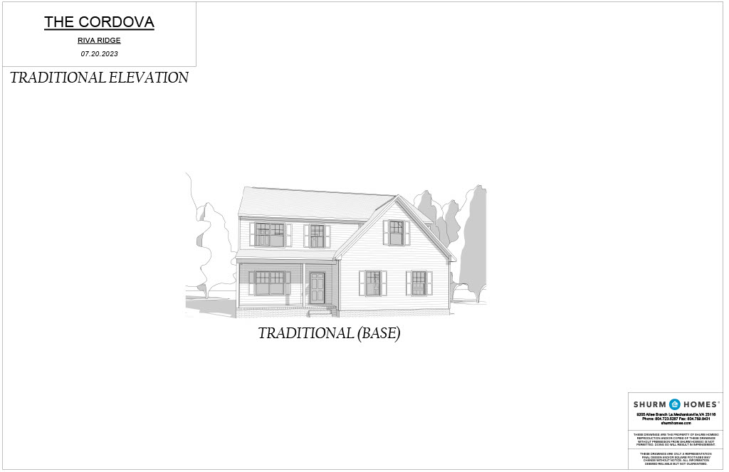 A grayscale architectural drawing titled "THE CORDOVA" showing the traditional elevation of a two-story house with a front porch and gabled rooflines.