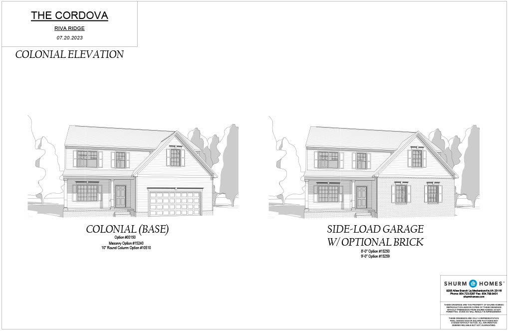 Architectural renderings of The Cordova model by Shurm Homes, depicting two variations: Colonial (Base) and Side-Load Garage with Optional Brick. Each includes a floor plan reference and elevation details.
