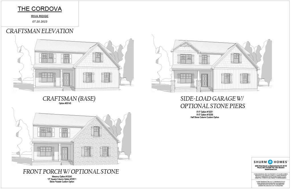 Architectural concept image of "The Cordova" at Riva Ridge, dated 07.20.2023. Includes three home designs: Craftsman Elevation, Craftsman (Base), and Side-Load Garage with Optional Stone Piers.